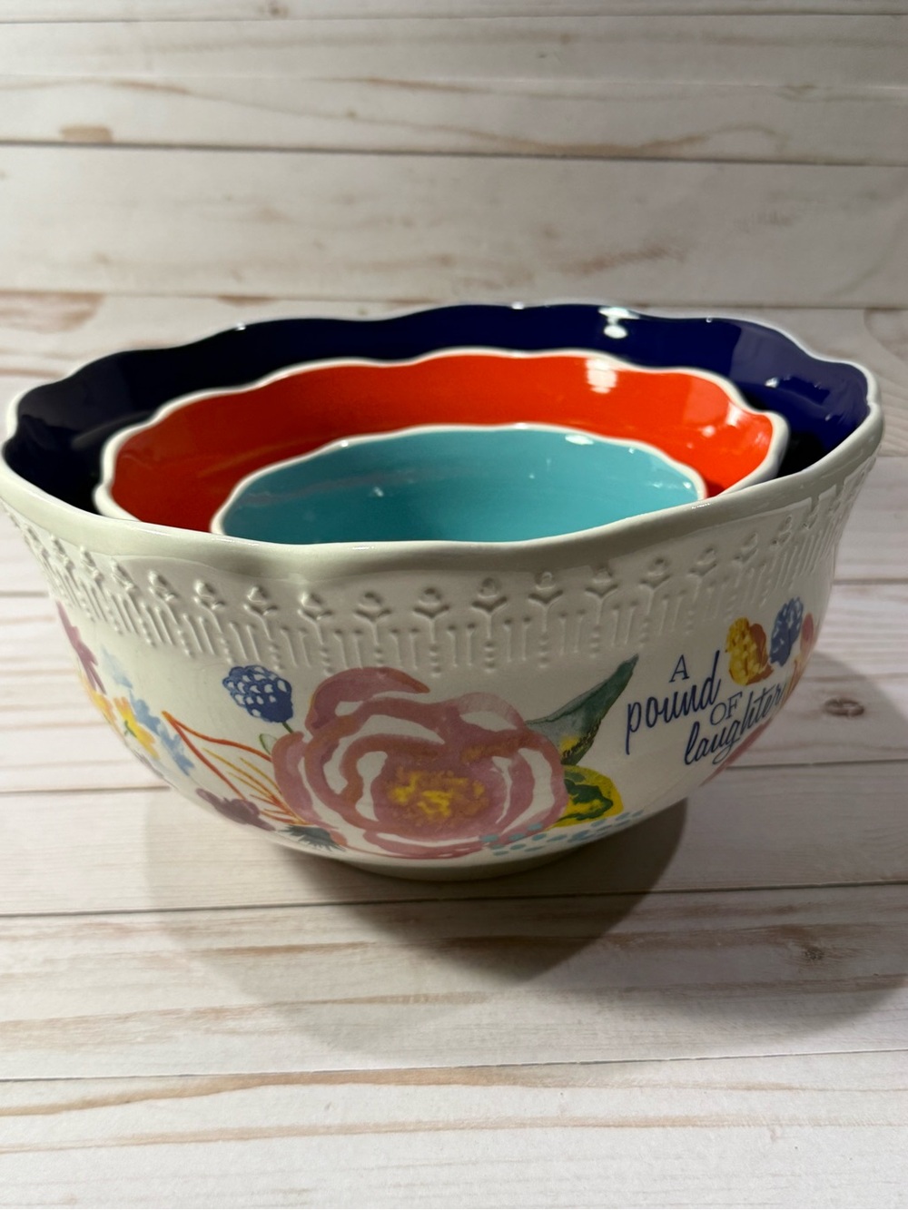Pioneer Woman Celia 3 Bowl Set Mixing Bowls Unique Sentiments - 6", 8" and 10"